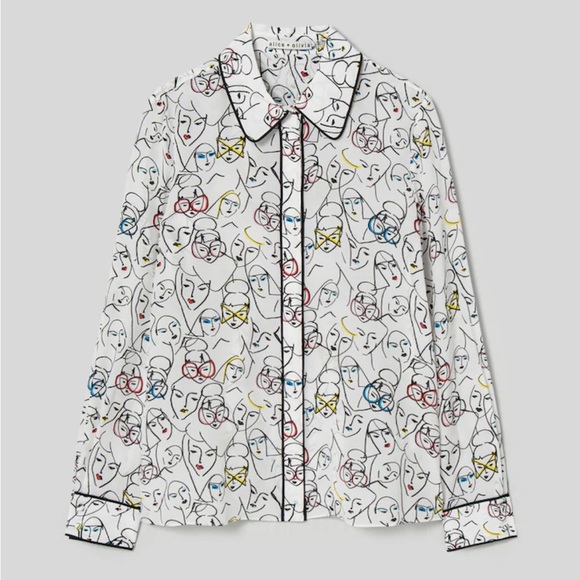 NWT Alice + Olivia Willa Placket Top With Piping Bisous Stacey White XS - Picture 5 of 9